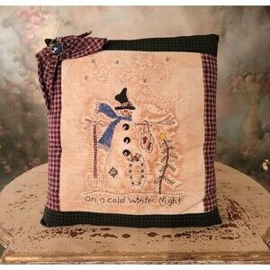 Snowman Pillow Hand Stitched Winter Christmas Scene Bow Buttons On a cold Winter